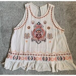 Taylor & Sage Women's Sleeveless Tank Shirt Boho Embroidered Ruffle Flower LARGE